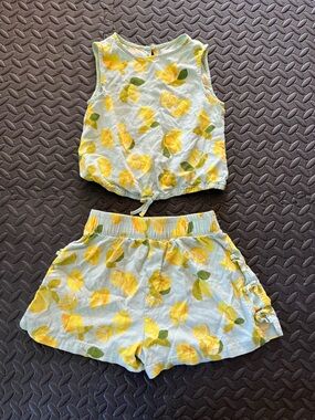 Zara Girls Lemon Printed Two Piece Tank Top and Shorts Set Keyhole Back Sz 8-9